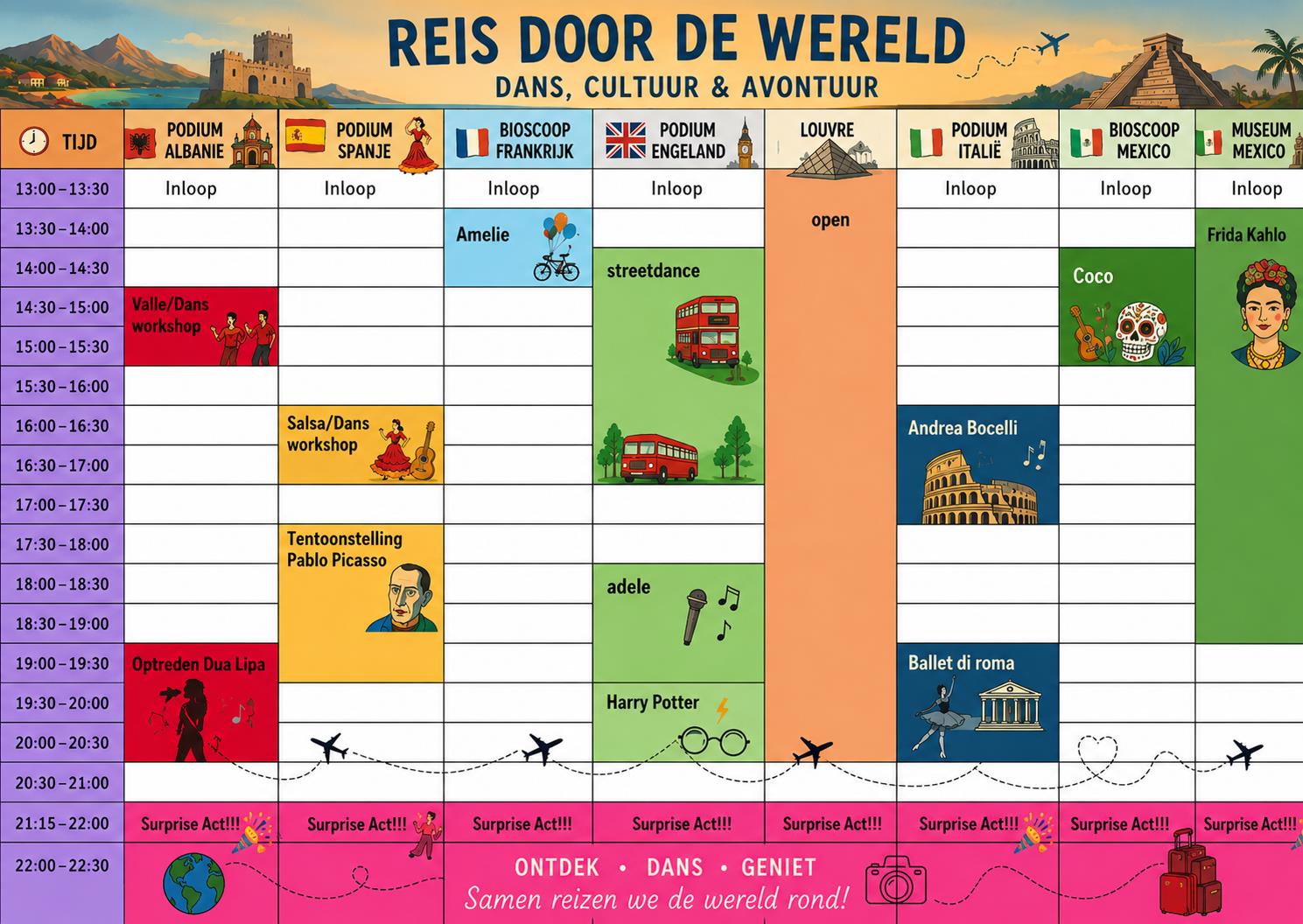 Het volledige tijdschema van het festival, per land en podium, van 13:00 tot 22:30 uur.